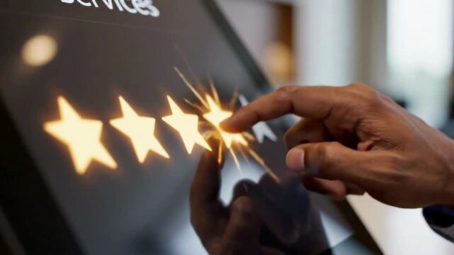 Person giving a four-star rating on a digital screen for services.