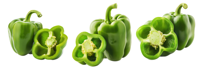 Whole green bell pepper with a sliced half showing seeds and texture, isolated on white transparent background.