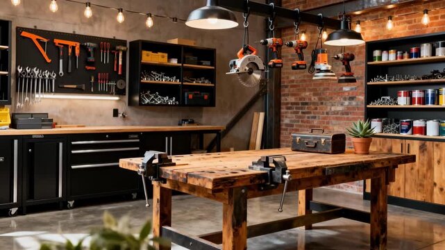 Cozy garage workshop with wooden workbench wallmounted shelves and hanging power tools designed for versatile creative use.