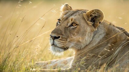 Majestic lioness in savannah grasslands at sunrise