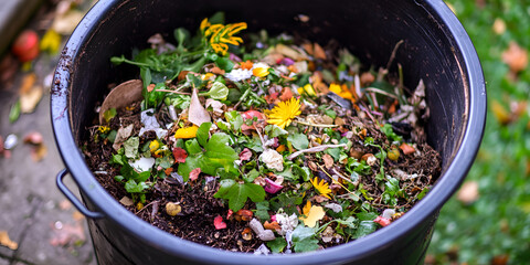 Kitchen compost bin packed with food waste