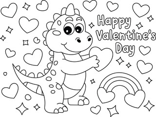 Cute cartoon dinosaur holding heart for Valentines Day coloring page Keywords: dinosaur, valentine, heart, love, cute, cartoon