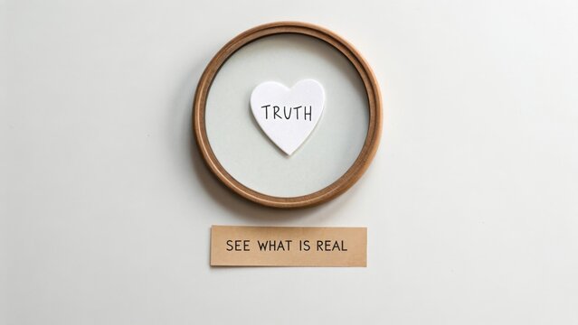 Flat Lay of Round Mirror Reflecting a White Heart of Truth