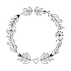 Hand drawn floral wreath frame in minimalist line art style