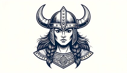 Stylized portrait female figure with horned helmet, braids, and decorative chest piece on a plain white background