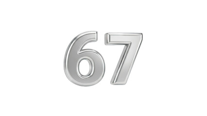 Silver Numbers 67 on White Background