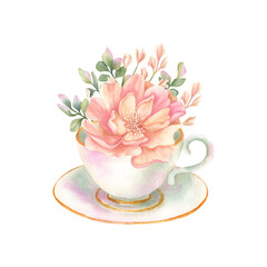 Delicate flowers in porcelain cup of tea set. Watercolor spring elegant floral composition. Blooming bouquet of peony. Hand drawn isolated illustration. Vintage style. Cozy breakfast, home interior