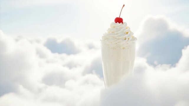Milky shake with whipped cream and cherry in cloudy sky. Dreamy beverage concept for dessert or drink marketing design.