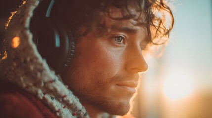 Man wearing headphones and a white hoodie. He has a smile on his face. Concept of relaxation and enjoyment, as the man is likely listening to music or an audio recording while wearing his headphones