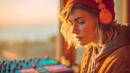 Woman wearing a red hat and headphones is sitting in front of a sound board. She is focused on her work, likely creating music or editing audio. Concept of concentration and dedication to her craft