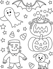Halloween Coloring Page with Ghost Bat Frankenstein Pumpkin and Dog vector illustration