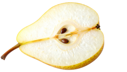 Close-up of a pear half against a transparent background. Details reveal the core with seeds, textures, and subtle coloration