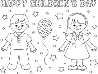 Happy Children's Day Coloring Page with Boy Girl Balloon Stars Circles line art outline