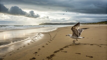Seagull running on empty beach with footprints in sand