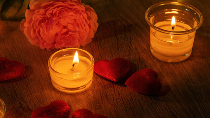 Candlelight, heart, and rose flowers in Valentine's festival.