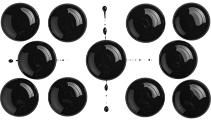 Arrangement of eleven glossy black spheres connected by dotted lines on a dark background