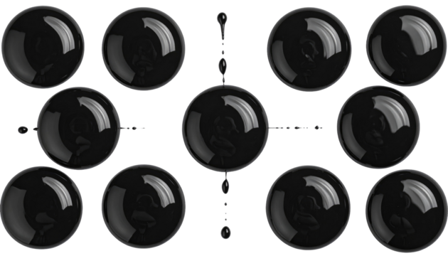 Arrangement of eleven glossy black spheres connected by dotted lines on a dark background - Powered by Adobe