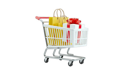 Shopping Cart with Gifts and Bags on White