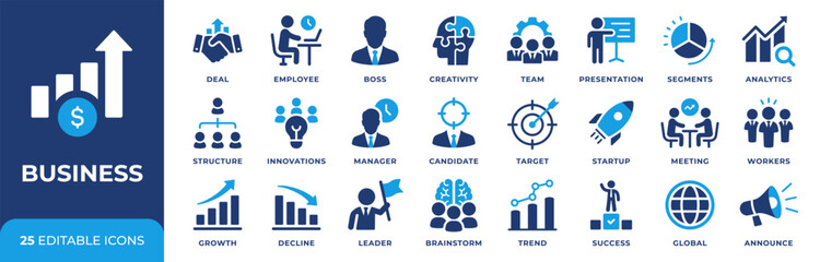 Obraz premium Business icon set. Corporate management and analytics icons collection. Commercial strategy, marketing and organization concepts. Startup company symbol. Boss, employee, worker and manager pictograms.