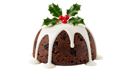 Traditional Christmas Pudding with White Icing and Holly Berries Isolated on White Background