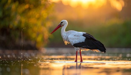Stork wading through shallow water, bathed in golden light at sunrise, reflecting in the serene water surface
