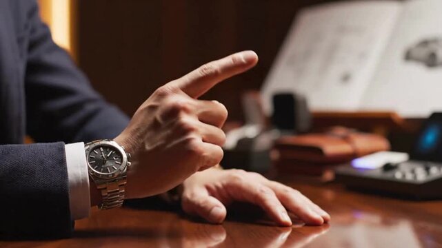 A businessman's hand points emphatically across a polished wooden desk during a meeting or discussion.