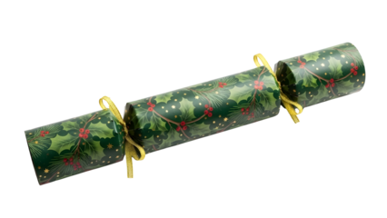 Christmas Cracker Product Shot with Holly Leaf Pattern and Yellow Ribbons Isolated on White Background