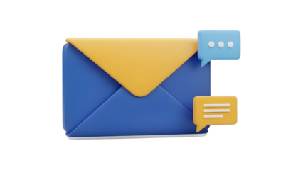 Stylized 3d email envelope icon with notification bubbles isolated on transparent background