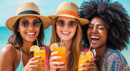 Tropical Toast of Friendship: Three radiant women, adorned with stylish hats and sunglasses, celebrate camaraderie and shared moments, raising their refreshing drinks at a sun-kissed beach. 