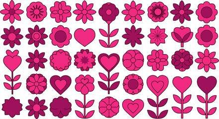 Retro Vector Flower and Heart Set for Graphic Design Elements