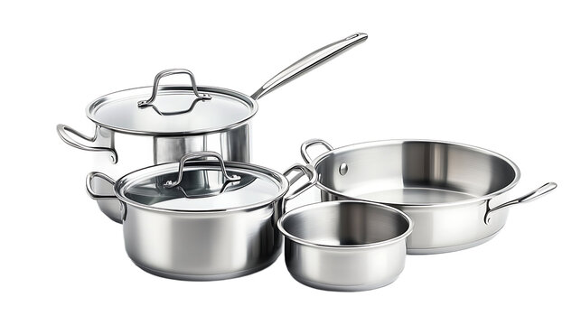 Shiny stainless steel cookware set displayed against a transparent background