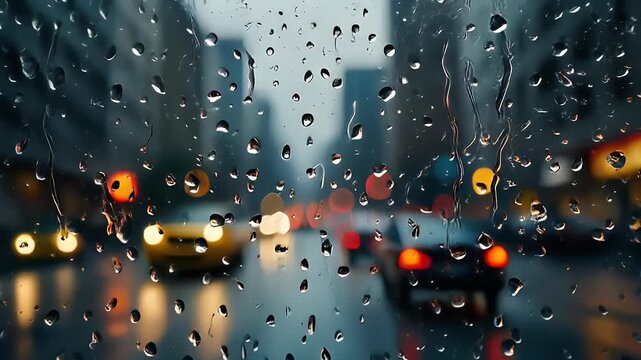 Rainy city street view through a wet car window with blurred lights and vehicles.