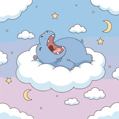 Cute Hippo Sleeping on a Cloud in Dreamy Sky.
