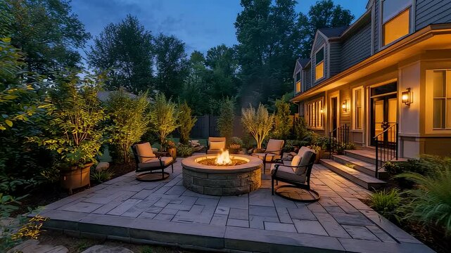 Cozy Backyard Patio With Fire Pit and Outdoor Seating at Dusk, Warm House Lights, Peaceful Evening Garden Setting and Relaxed Home Lifestyle