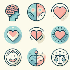Vector set of 8 Mental health icons (brain, heart, balance), flat vector illustration, soft pastel colors