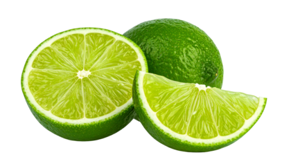 Close-up studio shot on a dark background showing a whole lime, a lime cut in half, and a single lime wedge