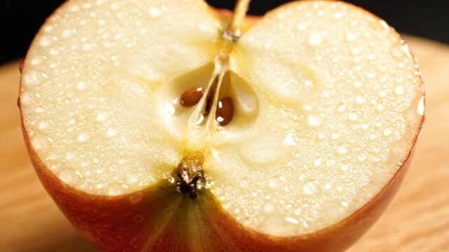 Close-up of a fresh, juicy apple cut in half with droplets