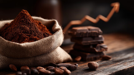 Increase in price of chocolate, pile of cocoa powder and chocolate bars with background where price of chocolate in market visible, commodity cost surge, food inflation, with copy space