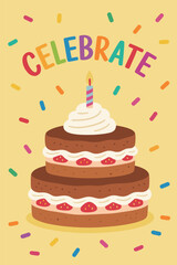 Delicious Two Tier Chocolate Strawberry Birthday Cake with Single Burning Candle and Colorful Confetti Celebrate Poster