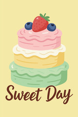 Three Layer Colorful Sweet Cake with Strawberry and Blueberries Topping for Sweet Day Celebration Vector Illustration