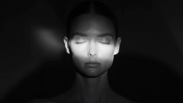 Woman's face in darkness with dramatic spotlight