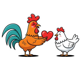 Playful Rooster Giving Heart to White Hen in Cartoon Farm Scene, Love and Friendship