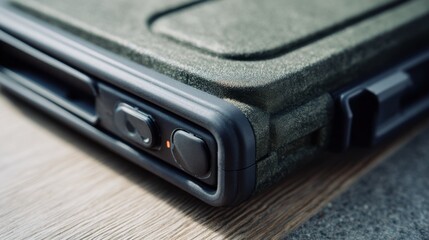 Medium shot capturing a secure magnetic closure on a contemporary tech case highlighting invisible magnets ensuring protection and quick opening.