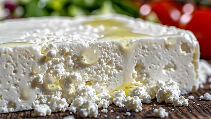 A closeup shot of a generous block of fresh crumbly white feta cheese beautifully drizzled with golden olive oil resting on a rustic wooden surface ready to be served as a delicious and healthy Medit.