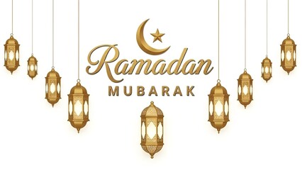 Ramadan Mubarak Greeting with Gold Lanterns and Crescent Moon for Celebration