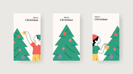 Minimal Christmas poster set with people decorating christmas tree. Minimal Christmas poster set showing people decorating a Christmas tree in flat modern style, 