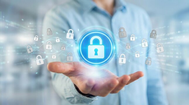 Businessman presenting secure digital padlock with networked locks - Powered by Adobe