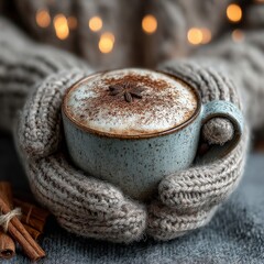 Close-up of hands holding a steaming cup of cappuccino. Generative AI