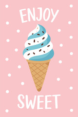 Soft serve ice cream cone with chocolate sprinkles and Enjoy Sweet text on pink polka dot background