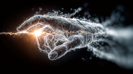 Digital hand composed of particles interacting with glowing holographic data interface, futuristic AI technology, real-time analytics visualization with ethereal dark background lighting